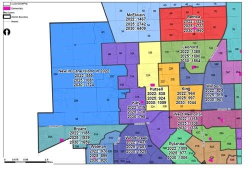 The bright blue area in the far left of the map above will be the attendance boundary for the new Katy ISD Elementary School 44 which has not been named yet. The new school is under construction in the Cane Island subdivision and is expected to prevent overcrowding at Bryant Elementary.